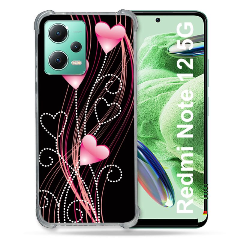 Coque Renforcée En Verre Trempé Pour Xiaomi Redmi Note 12 5G Amour Coeur Rose Montant sur Noir