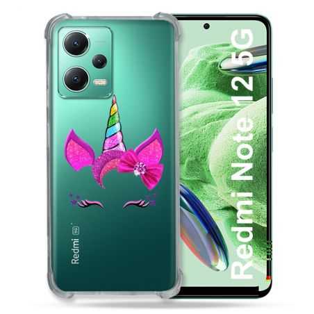 Coque Transparente Renforcée En Verre Trempé Pour Xiaomi Redmi Note 12 5G Licorne Paillette