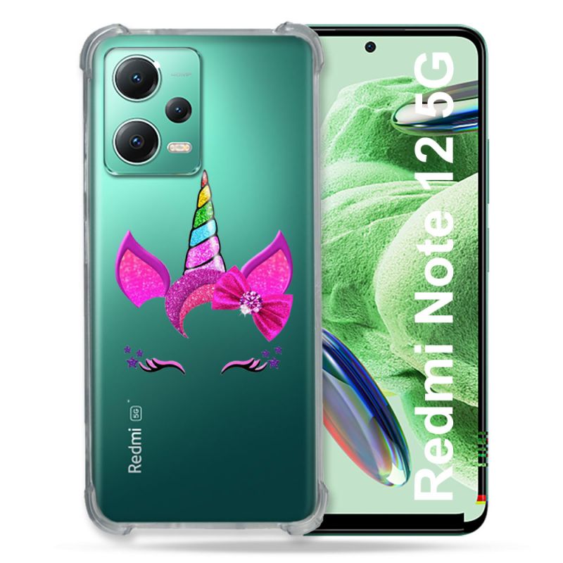 Coque Transparente Renforcée En Verre Trempé Pour Xiaomi Redmi Note 12 5G Licorne Paillette