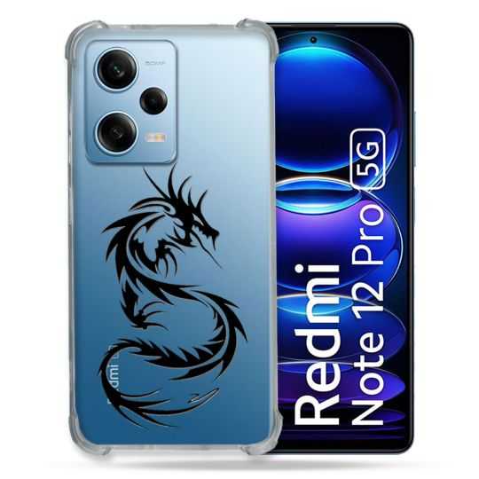Coque Transparente Renforcée En Verre Trempé Pour Xiaomi Redmi Note 12 Pro 5G Dragon Noir