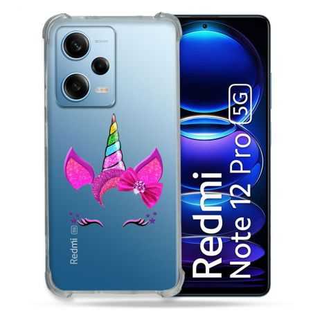 Coque Transparente Renforcée En Verre Trempé Pour Xiaomi Redmi Note 12 Pro 5G Licorne Paillette