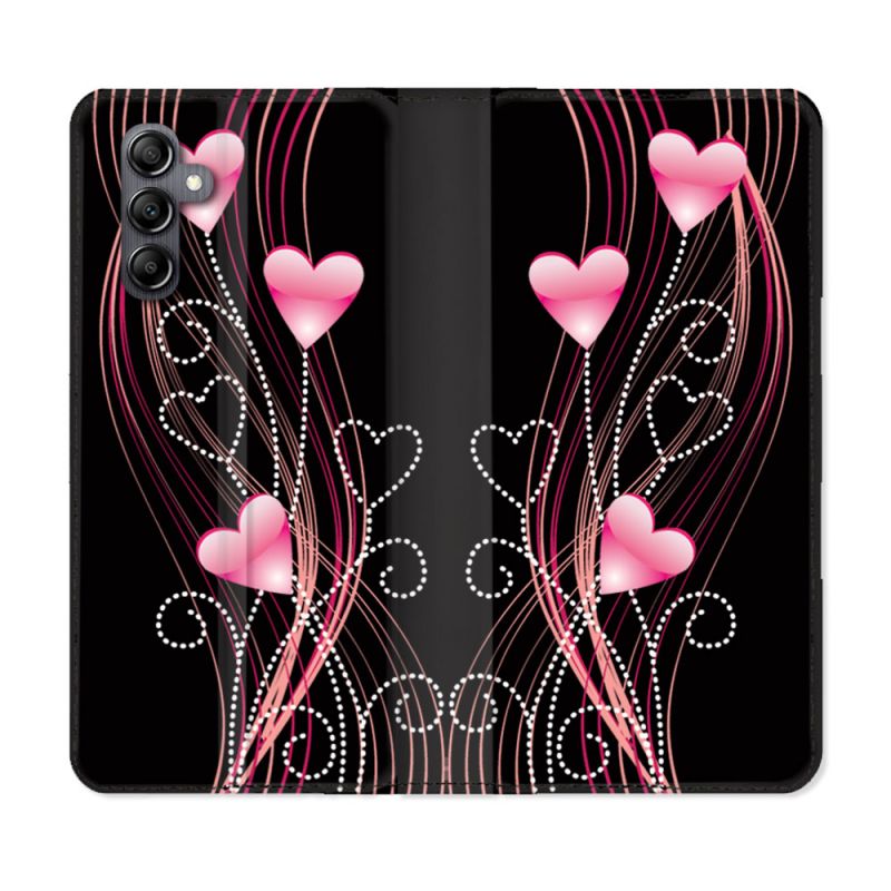 Housse cuir portefeuille pour Samsung Galaxy A14 4G / 5G Amour Coeur Rose Montant sur Noir