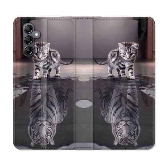 Housse cuir portefeuille pour Samsung Galaxy A14 4G / 5G Animal Chat Reflet