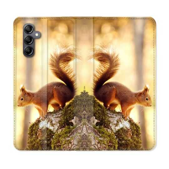 Housse cuir portefeuille pour Samsung Galaxy A14 4G / 5G Animal Ecureuil Bois