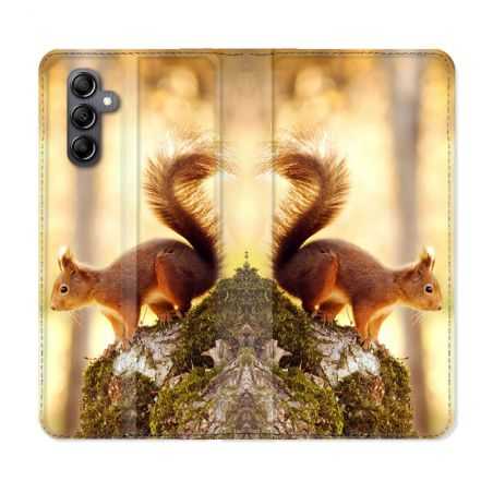 Housse cuir portefeuille pour Samsung Galaxy A14 4G / 5G Animal Ecureuil Bois