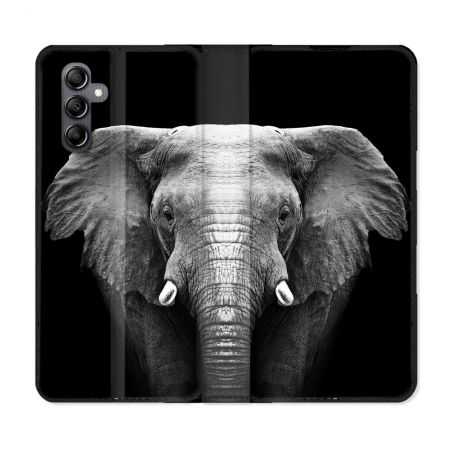 Housse cuir portefeuille pour Samsung Galaxy A14 4G / 5G Animal Elephant Noir