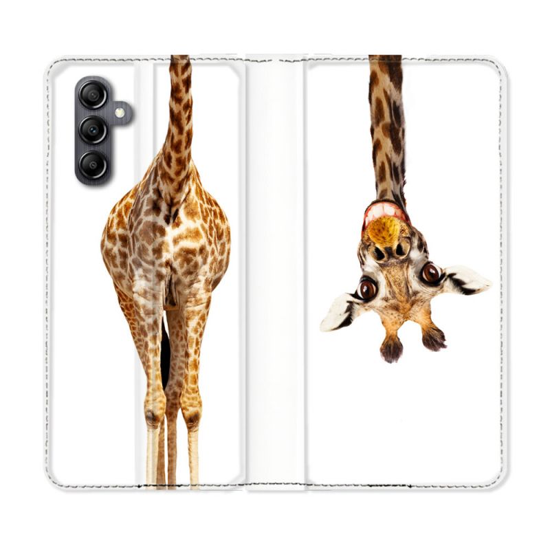 Housse cuir portefeuille pour Samsung Galaxy A14 4G / 5G Animal Girafe Blanche