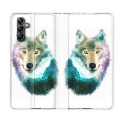 Housse cuir portefeuille pour Samsung Galaxy A14 4G / 5G Animal Loup Montagne