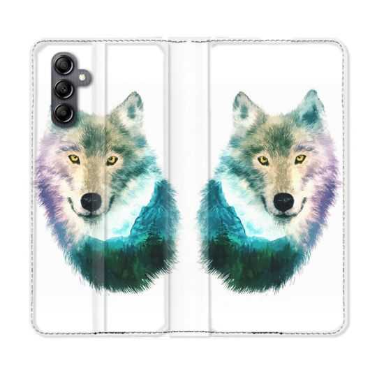 Housse cuir portefeuille pour Samsung Galaxy A14 4G / 5G Animal Loup Montagne