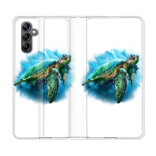 Housse cuir portefeuille pour Samsung Galaxy A14 4G / 5G Animal Tortue Blanche multicolore