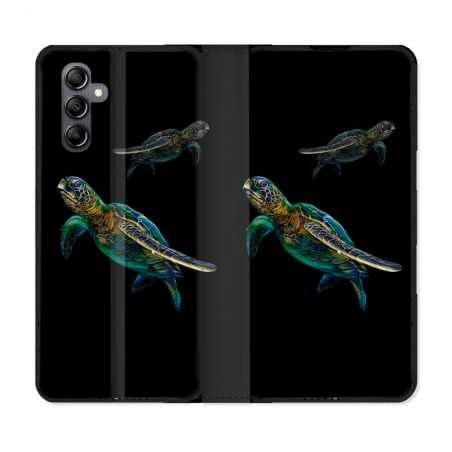 Housse cuir portefeuille pour Samsung Galaxy A14 4G / 5G Animal Tortue Noire multicolore