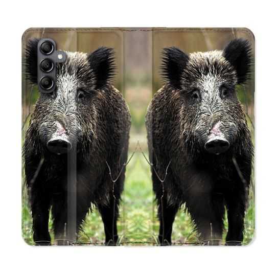 Housse cuir portefeuille pour Samsung Galaxy A14 4G / 5G Chasse Sanglier bois