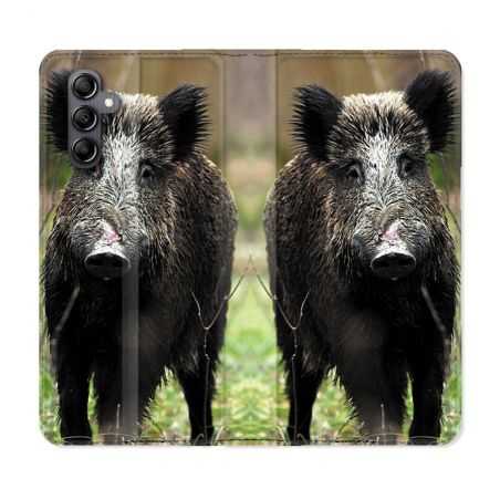 Housse cuir portefeuille pour Samsung Galaxy A14 4G / 5G Chasse Sanglier bois