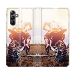 Housse cuir portefeuille pour Samsung Galaxy A14 4G / 5G Moto Cross Soleil