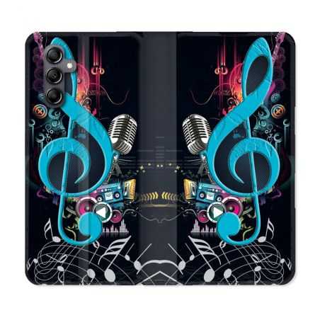 Housse cuir portefeuille pour Samsung Galaxy A14 4G / 5G Musique Cle Sol Bleu