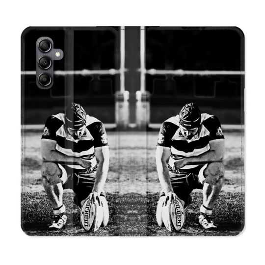 Housse cuir portefeuille pour Samsung Galaxy A14 4G / 5G Sport Rugby Noir Blanc
