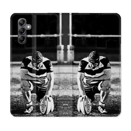 Housse cuir portefeuille pour Samsung Galaxy A14 4G / 5G Sport Rugby Noir Blanc