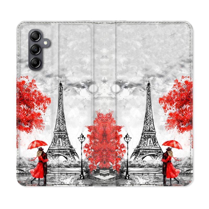 Housse cuir portefeuille pour Samsung Galaxy A14 4G / 5G Voyage France Paris Rouge