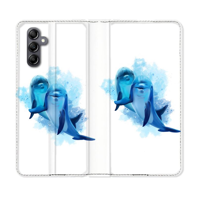 Housse cuir portefeuille pour Samsung Galaxy A34 5g Animal Dauphin Duo