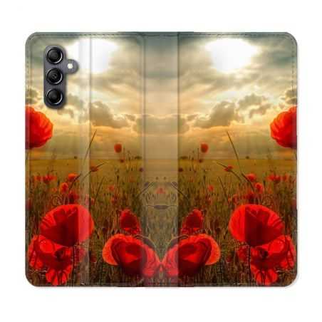 Housse cuir portefeuille pour Samsung Galaxy A34 5g Fleur Coquelicot