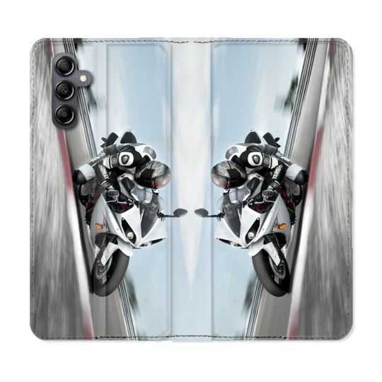 Housse cuir portefeuille pour Samsung Galaxy A34 5g Moto Course GP Blanche