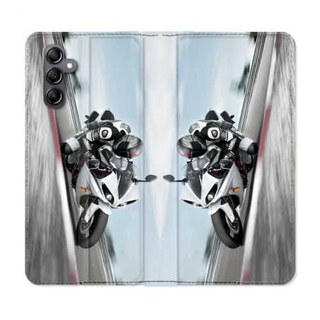 Housse cuir portefeuille pour Samsung Galaxy A34 5g Moto Course GP Blanche