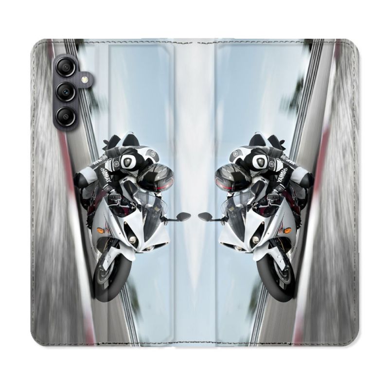 Housse cuir portefeuille pour Samsung Galaxy A34 5g Moto Course GP Blanche