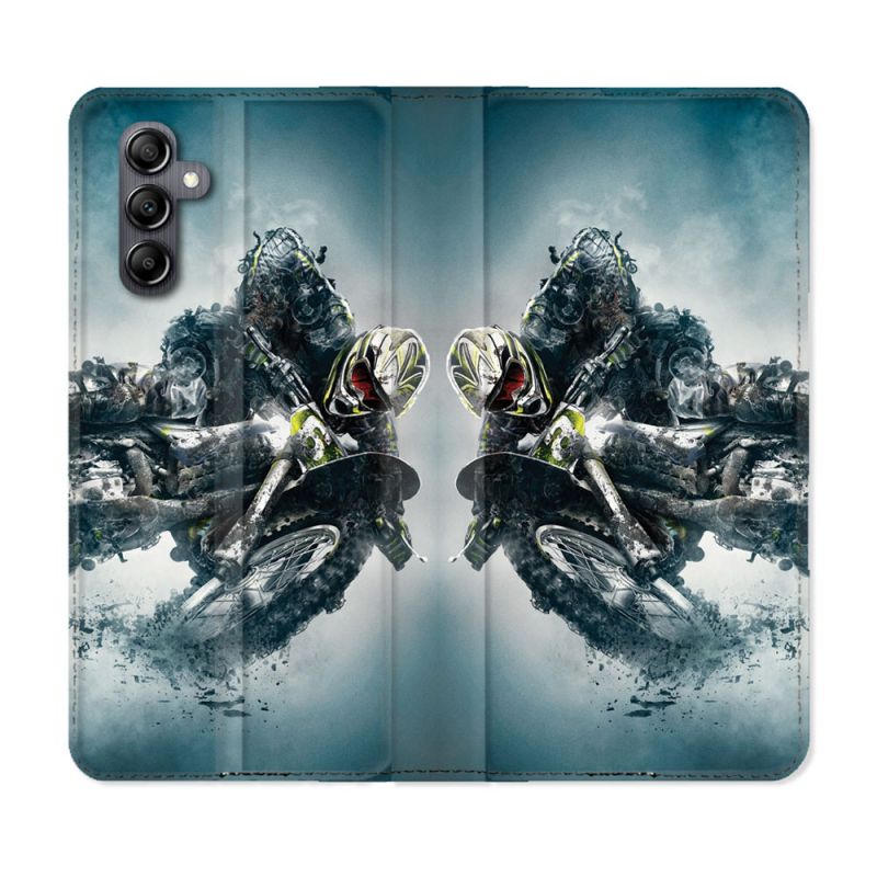 Housse cuir portefeuille pour Samsung Galaxy A34 5g Moto Cross Ombre