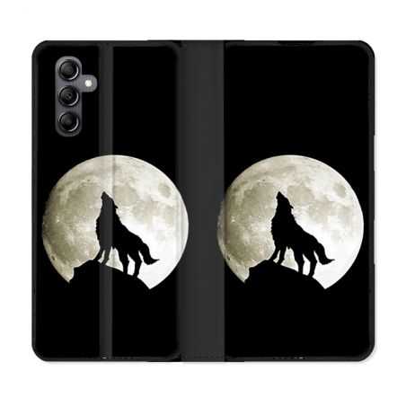 Housse cuir portefeuille pour Samsung Galaxy A54 5g Animal Loup Noir