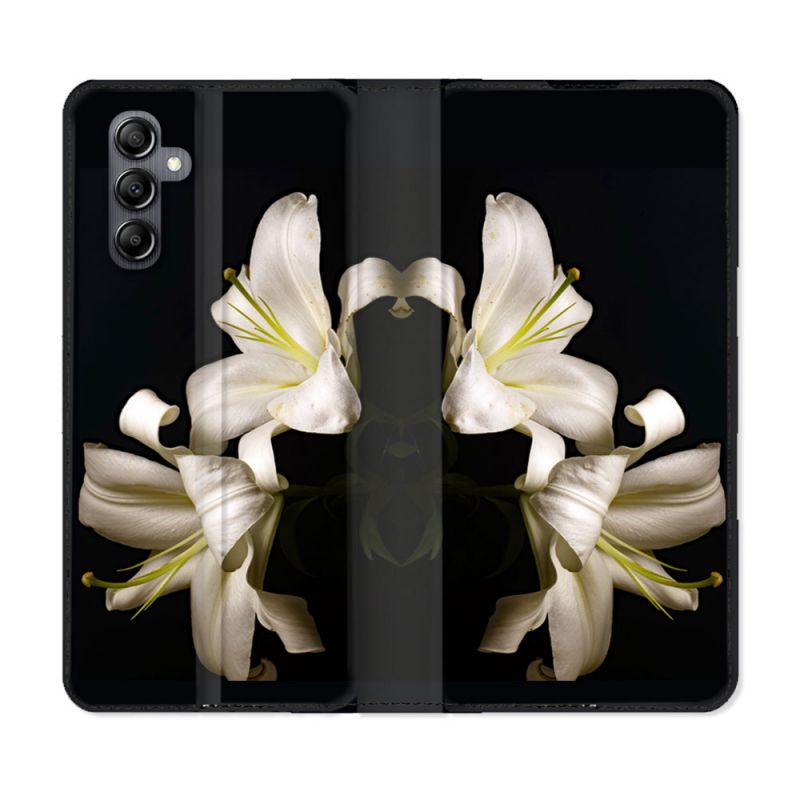 Housse cuir portefeuille pour Samsung Galaxy A54 5g Fleur Lys Noir