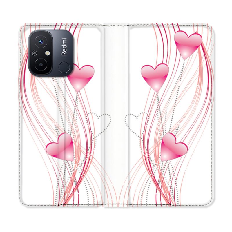 Housse cuir portefeuille pour Xiaomi 12C Amour Coeur Rose Montant sur Blanc