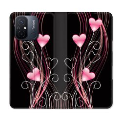 Housse cuir portefeuille pour Xiaomi 12C Amour Coeur Rose Montant sur Noir
