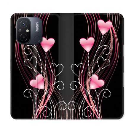 Housse cuir portefeuille pour Xiaomi 12C Amour Coeur Rose Montant sur Noir