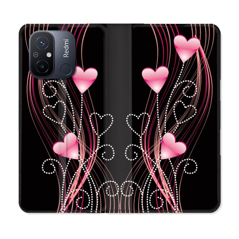 Housse cuir portefeuille pour Xiaomi 12C Amour Coeur Rose Montant sur Noir