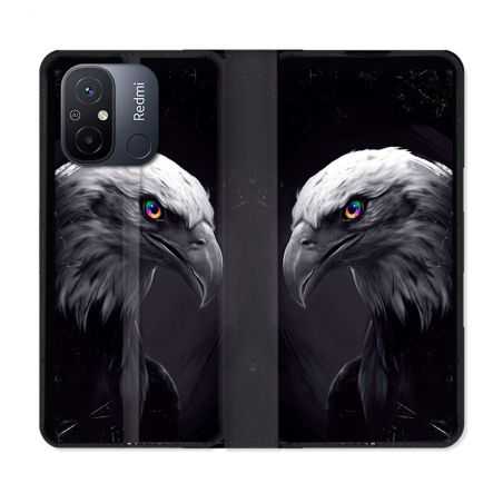 Housse cuir portefeuille pour Xiaomi 12C Animal Aigle Royal Noir