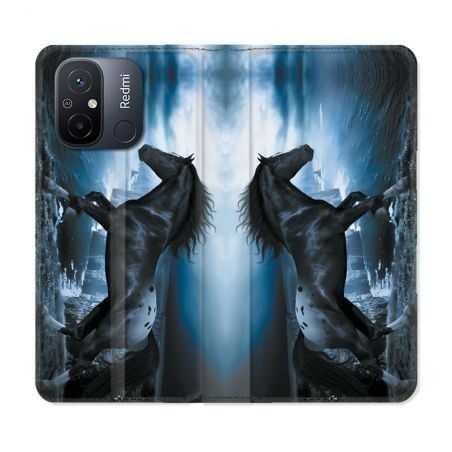 Housse cuir portefeuille pour Xiaomi 12C Animal Cheval Noir
