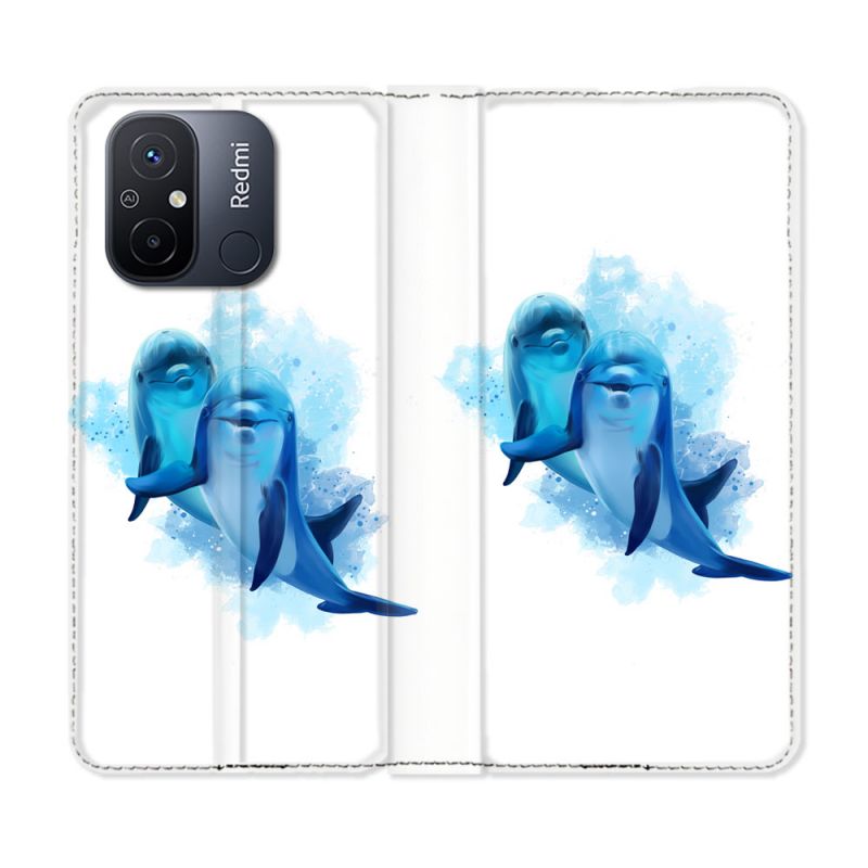 Housse cuir portefeuille pour Xiaomi 12C Animal Dauphin Duo