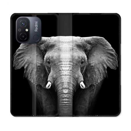 Housse cuir portefeuille pour Xiaomi 12C Animal Elephant Noir