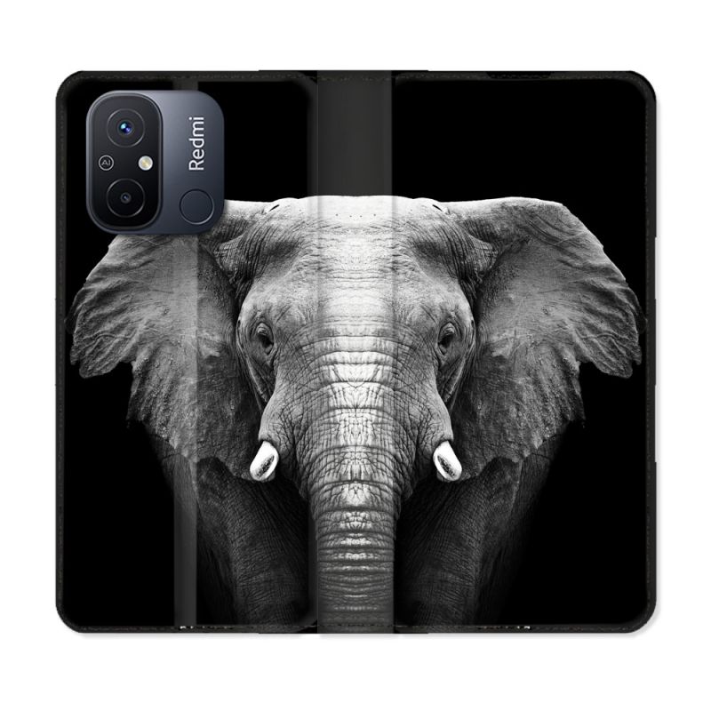 Housse cuir portefeuille pour Xiaomi 12C Animal Elephant Noir