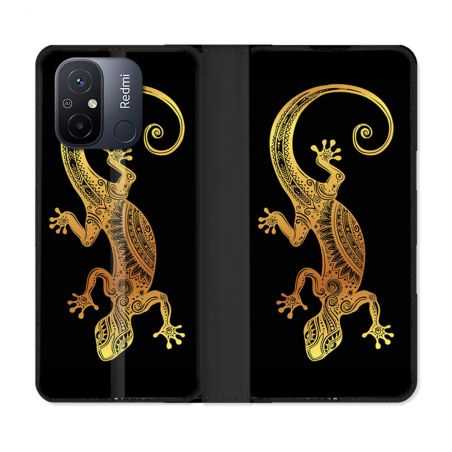 Housse cuir portefeuille pour Xiaomi 12C Animal Lezard Noir