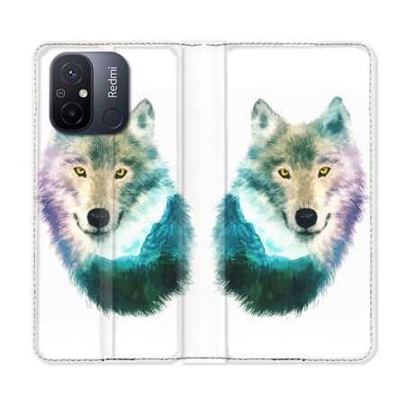 Housse cuir portefeuille pour Xiaomi 12C Animal Loup Montagne