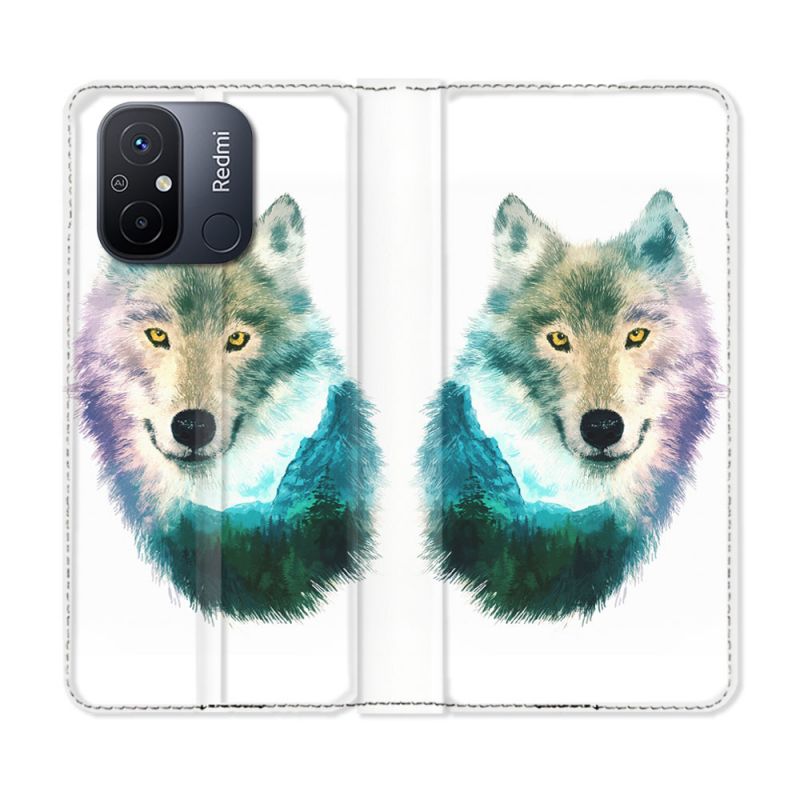 Housse cuir portefeuille pour Xiaomi 12C Animal Loup Montagne