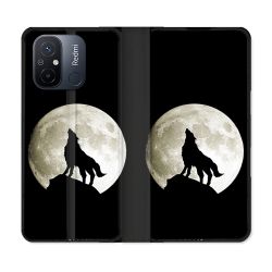 Housse cuir portefeuille pour Xiaomi 12C Animal Loup Noir