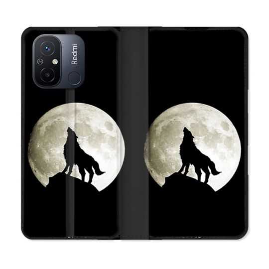 Housse cuir portefeuille pour Xiaomi 12C Animal Loup Noir