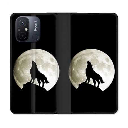 Housse cuir portefeuille pour Xiaomi 12C Animal Loup Noir