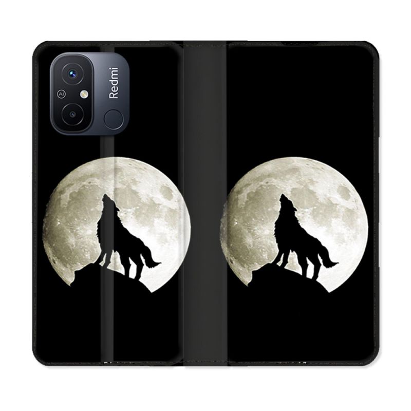 Housse cuir portefeuille pour Xiaomi 12C Animal Loup Noir