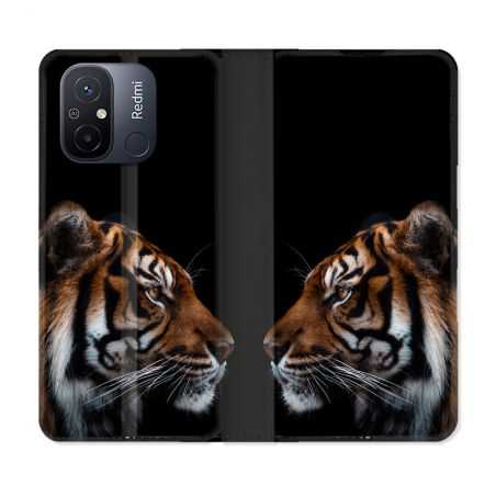 Housse cuir portefeuille pour Xiaomi 12C Animal Tigre Noir