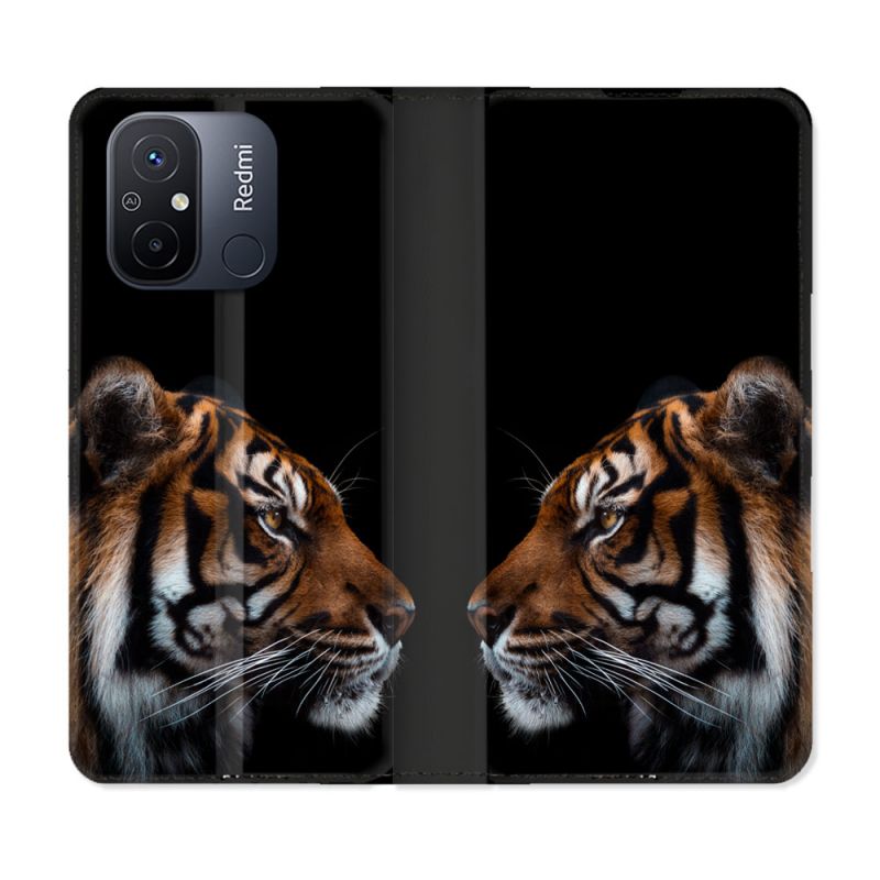 Housse cuir portefeuille pour Xiaomi 12C Animal Tigre Noir