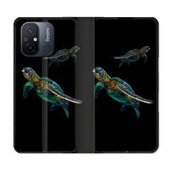 Housse cuir portefeuille pour Xiaomi 12C Animal Tortue Noire multicolore