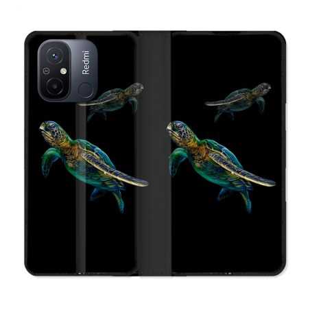 Housse cuir portefeuille pour Xiaomi 12C Animal Tortue Noire multicolore